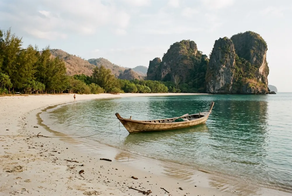 Limestone hills rising straight out of a quiet bay south of the town