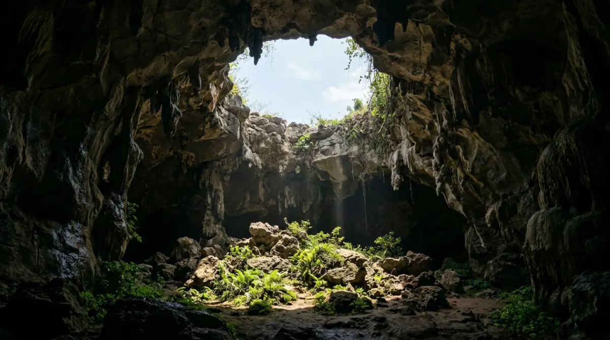 Sunlight falling through a collapsed cave roof onto the floor of a cavern