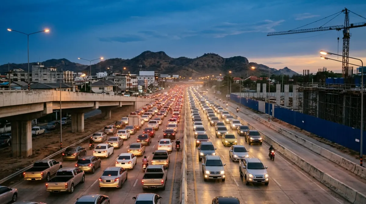 Congested elevated highway heading south out of a city at dusk