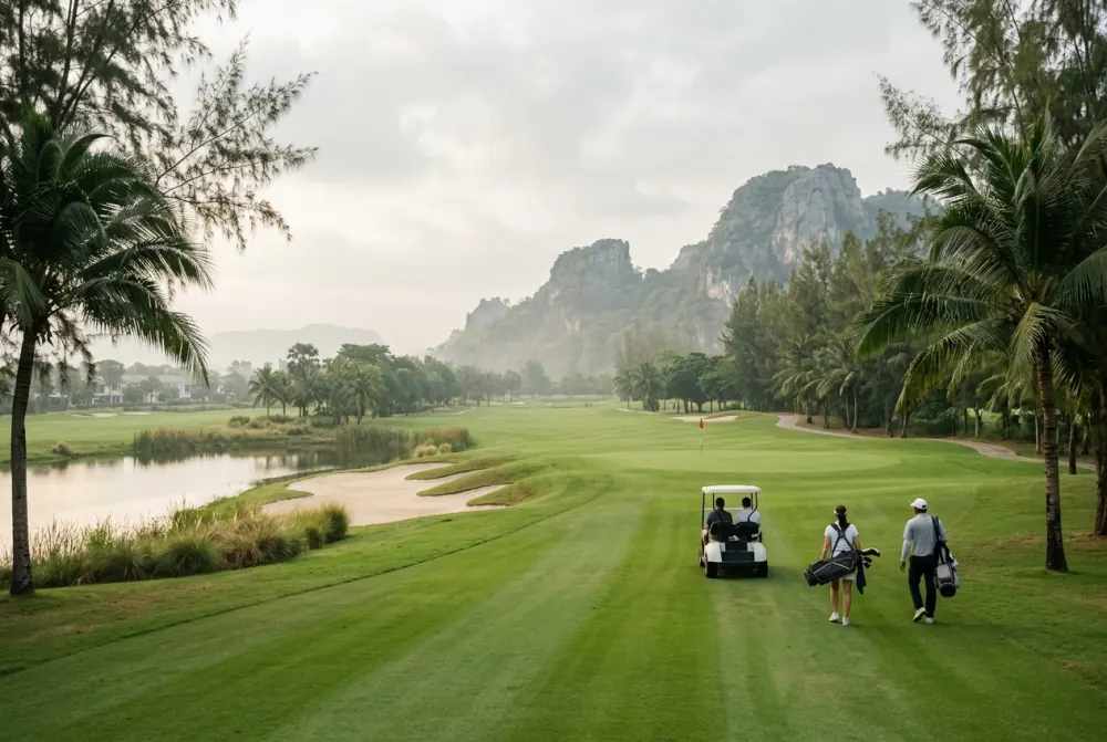 Golf fairway running toward limestone hills under hazy sky