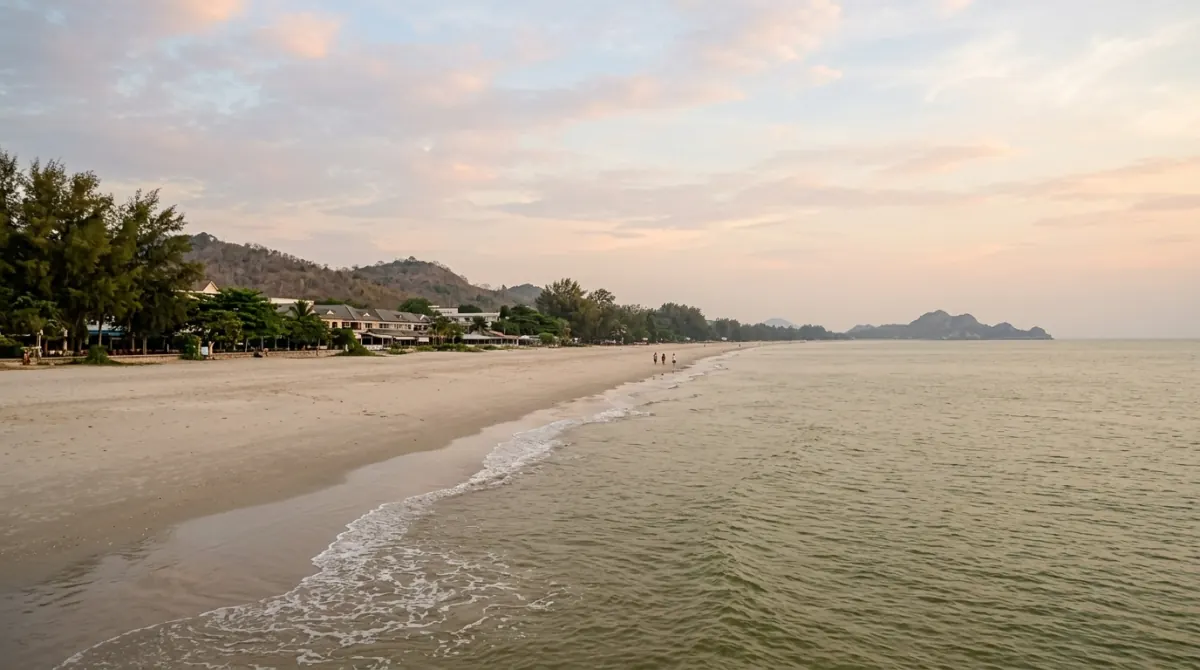 Long flat mainland beach curving away below low-rise buildings at dawn