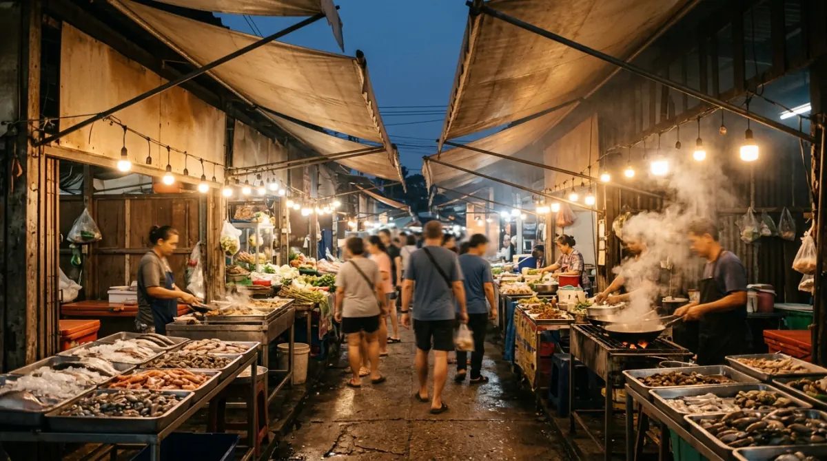 Covered night market lane lit by warm bulbs with food stalls both sides