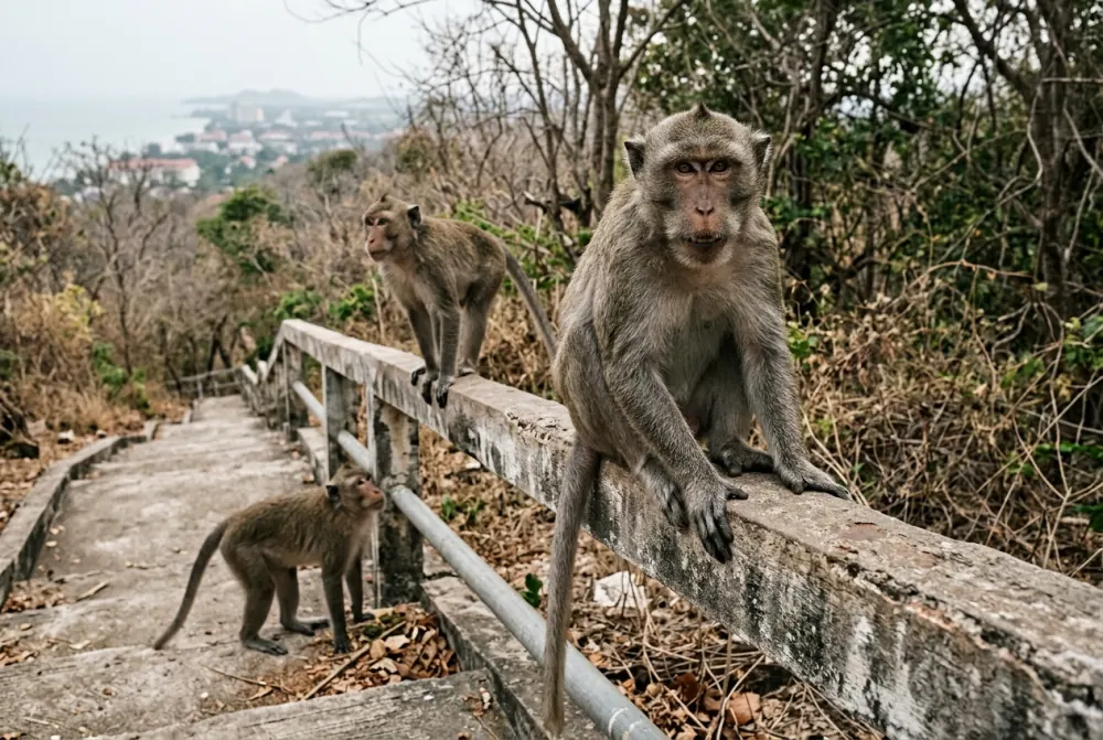 Long-tailed macaques sitting on a temple stairway handrail