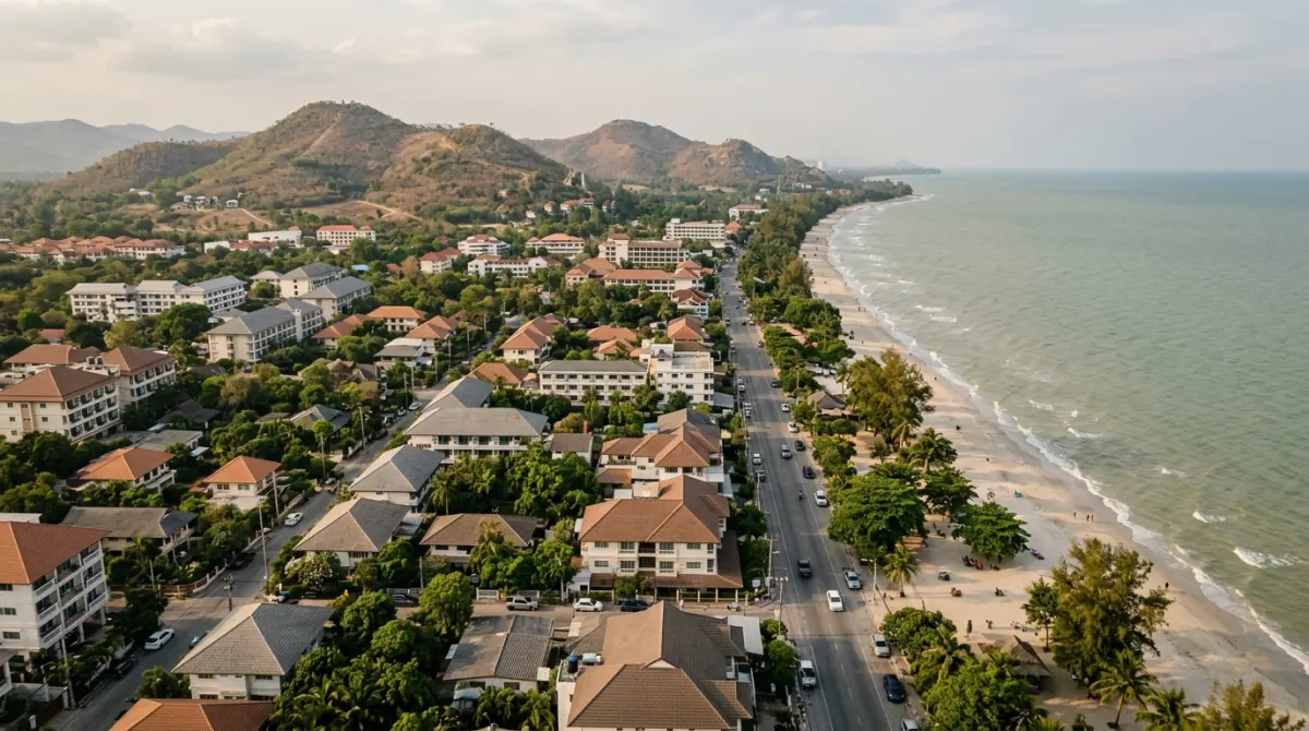 Low-rise resort town spread along a coast with dry hills behind