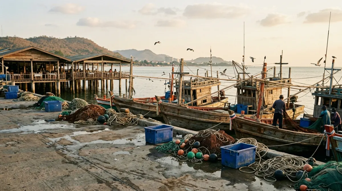 Fishing pier with wooden boats and seafood restaurants over the water