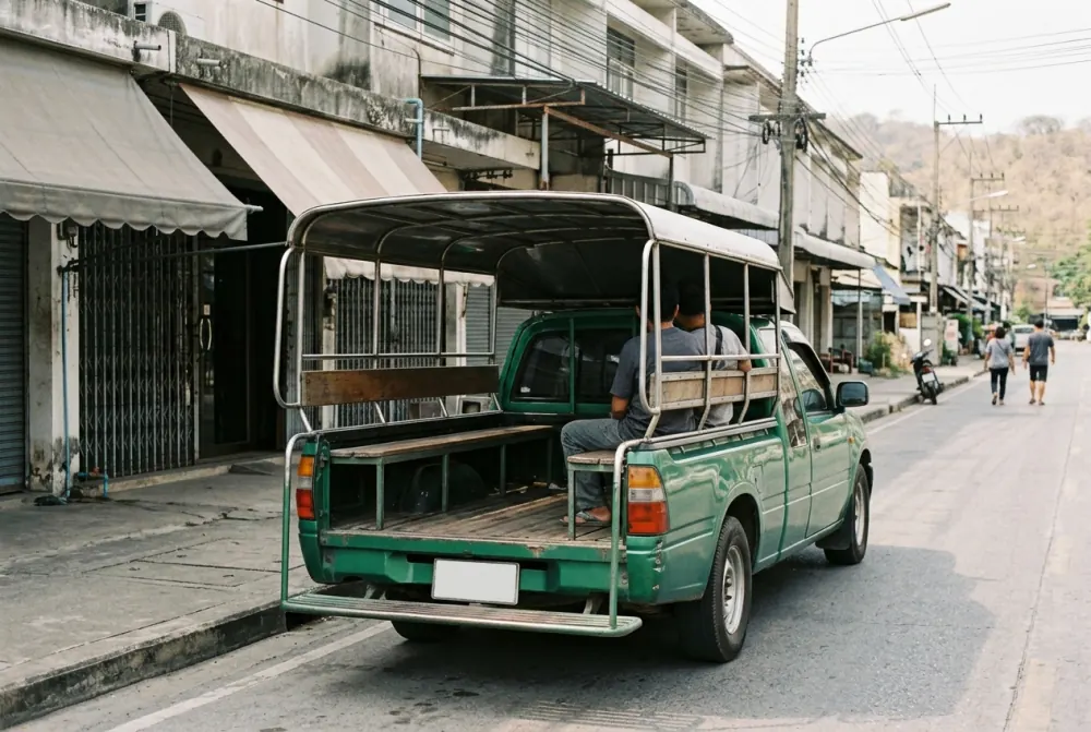 Green shared pickup taxi waiting on a town street