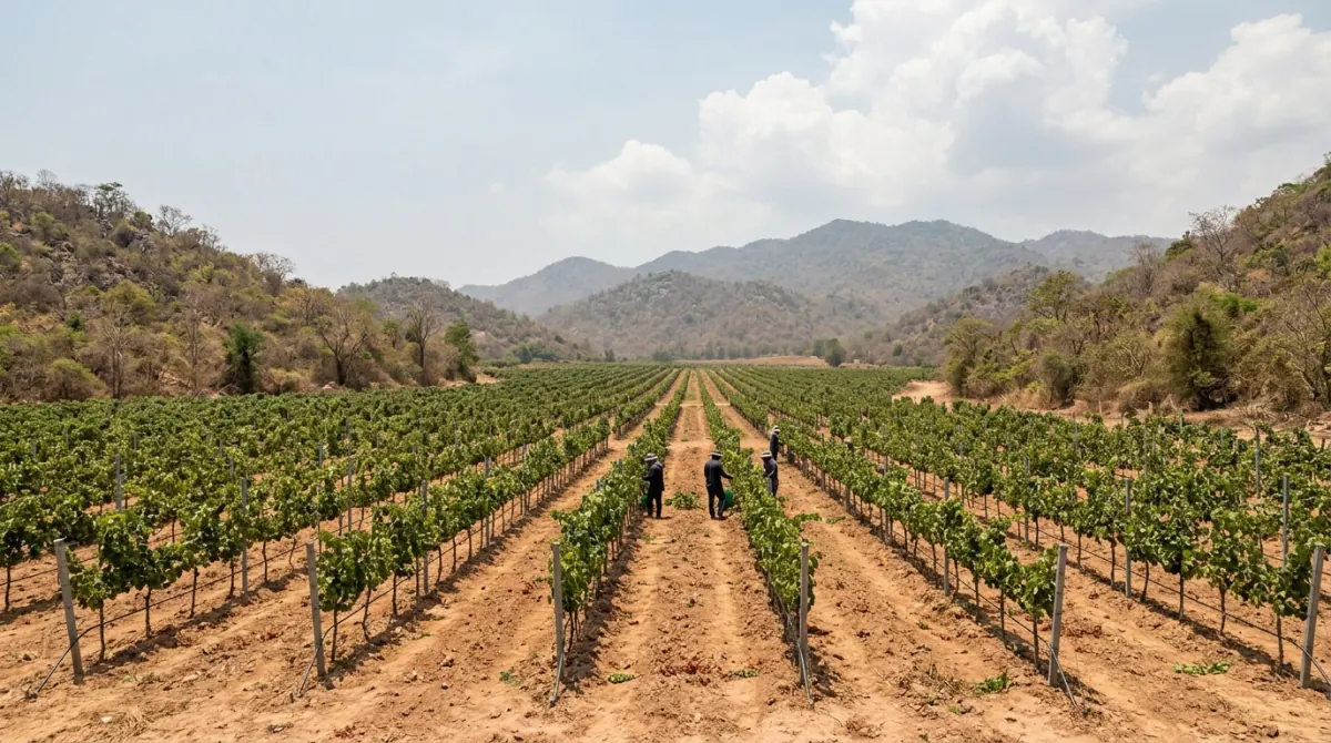 Trellised vineyard rows in a dry upland valley ringed by hills