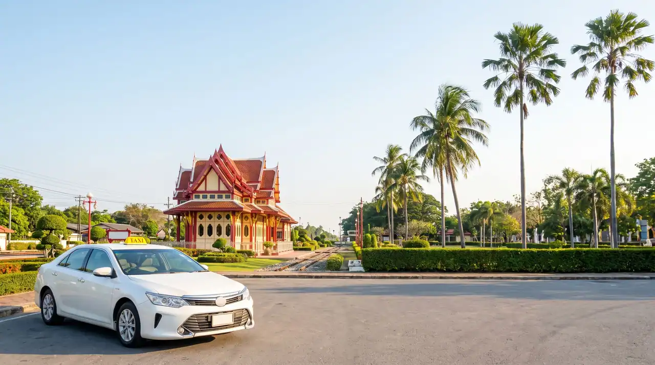 Weißes Taxi mit TAXI-Dachschild vor dem königlichen Wartepavillon am Bahnhof Hua Hin